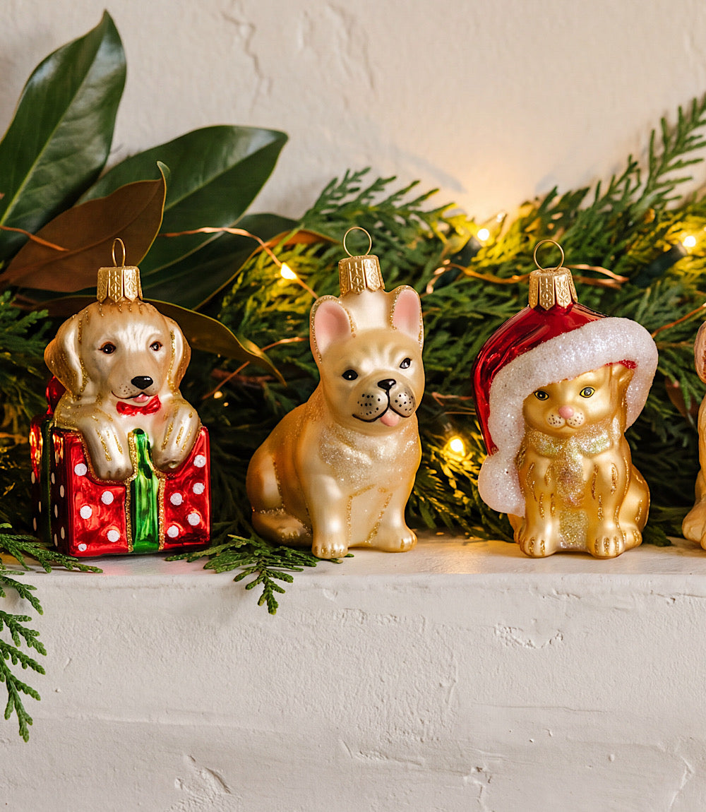 Golden Puppy Surprise Glass Ornament