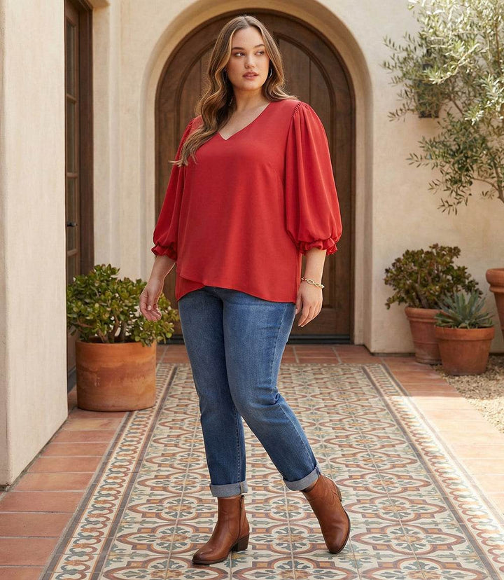 Plus Size Layered Sleeve Asymmetric Top