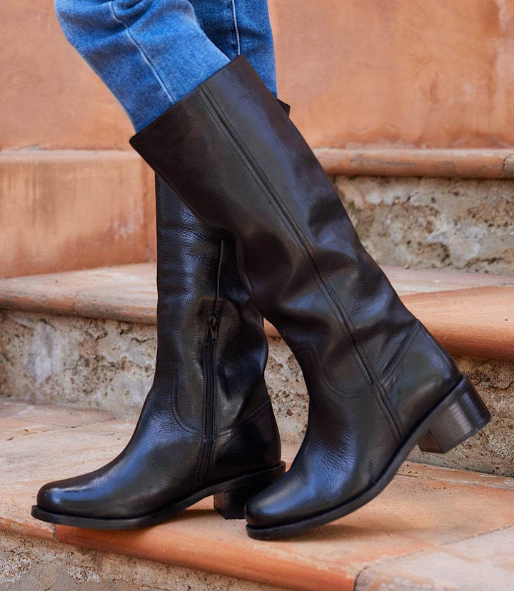 Seychelles Sand In My Boots black leather knee high boots with round square toe, 2-inch low block heel, side zipper, and sleek silhouette