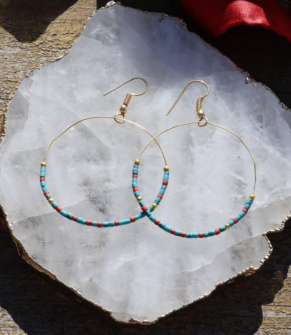 Turquoise And Red Coral Hoop Earrings