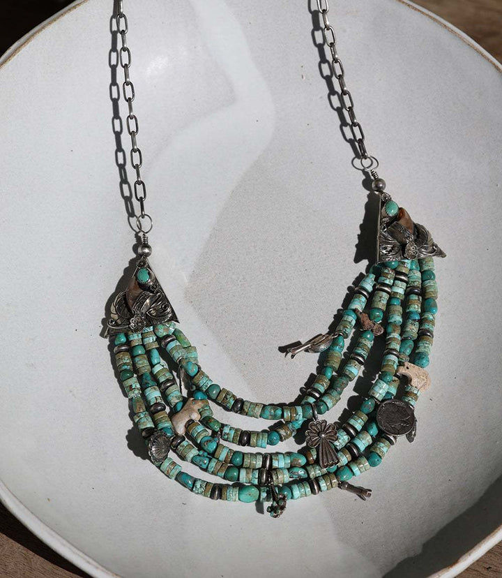 Vintage Mixed Turquoise & Charms Strand Necklace