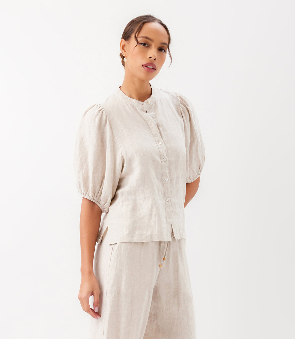Puff Sleeve Linen Button-Up Shirt – Karen Kane