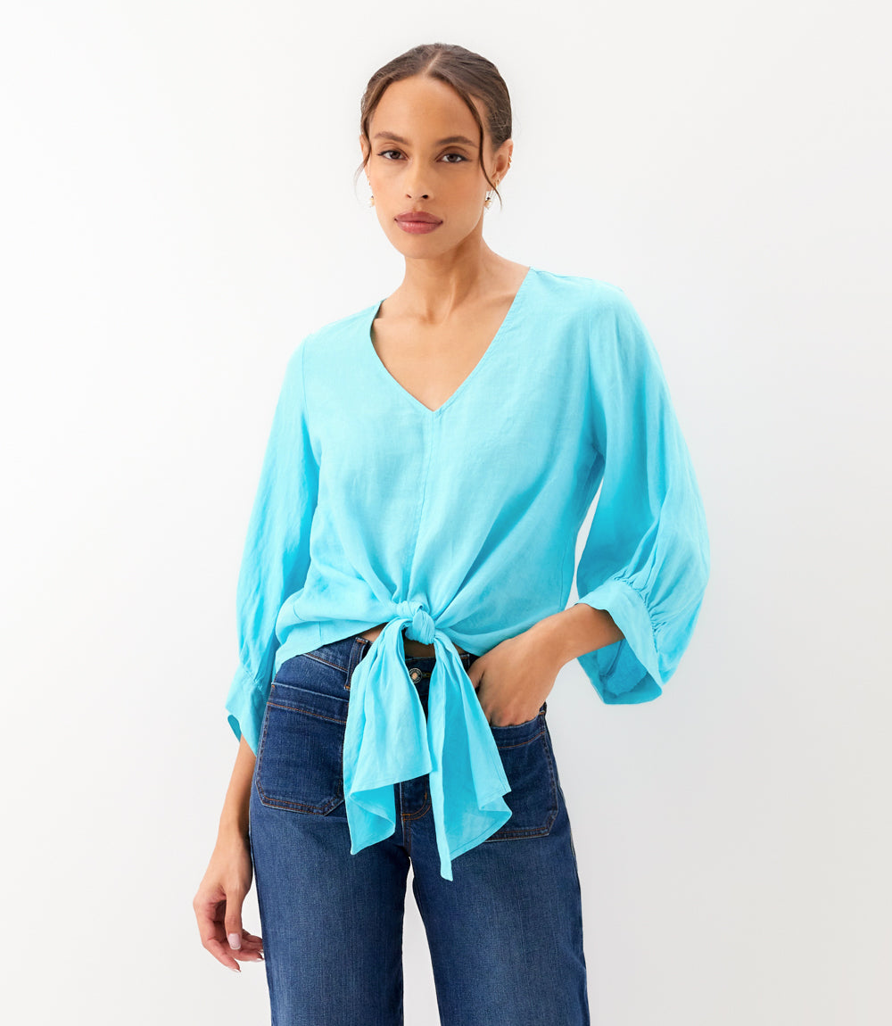Blouson Sleeve Linen Tie-Front Top