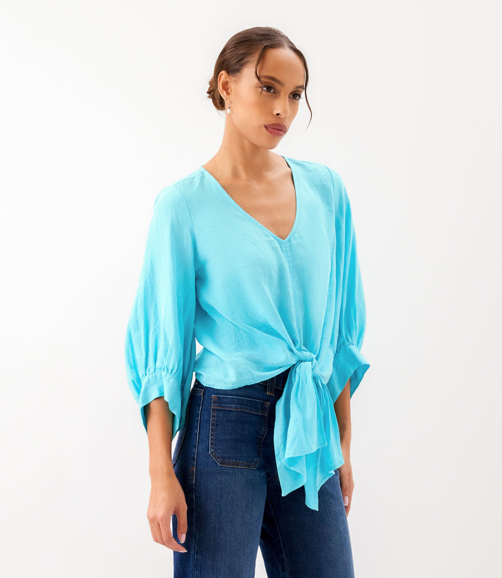 Blouson Sleeve Linen Tie-Front Top