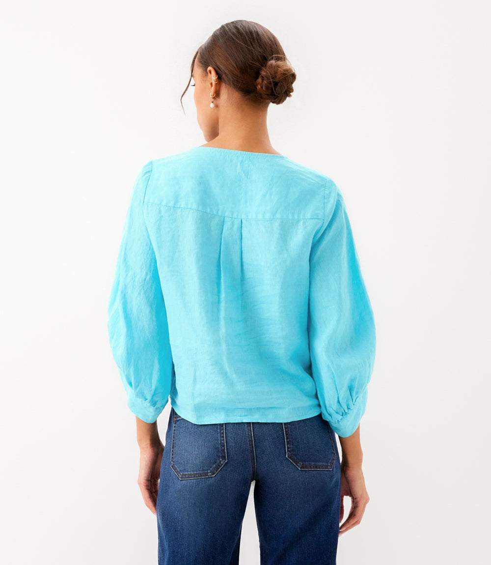 Blouson Sleeve Linen Tie-Front Top