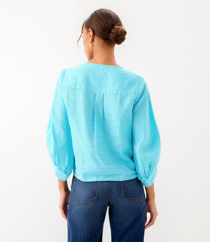 Blouson Sleeve Linen Tie-Front Top