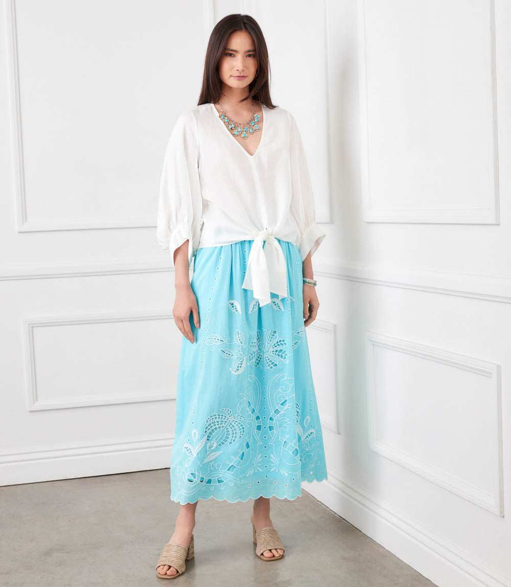 Blouson Sleeve Linen Tie-Front Top