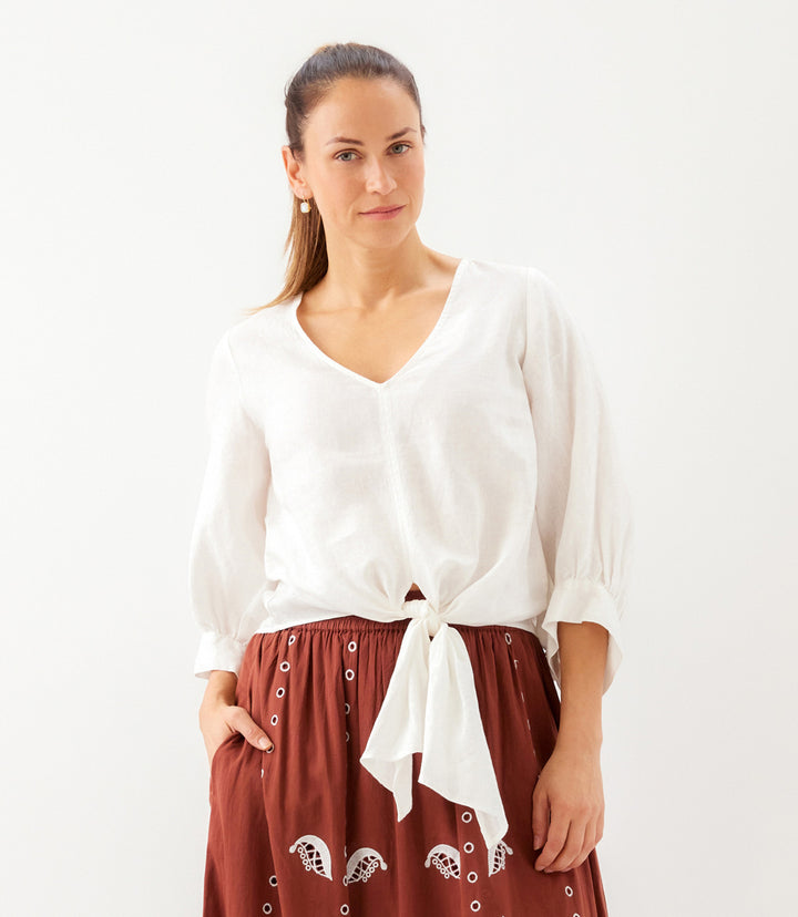 Blouson Sleeve Linen Tie-Front Top