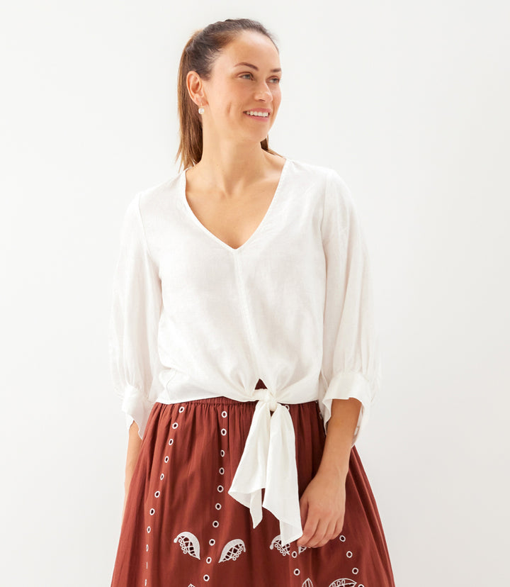 Blouson Sleeve Linen Tie-Front Top