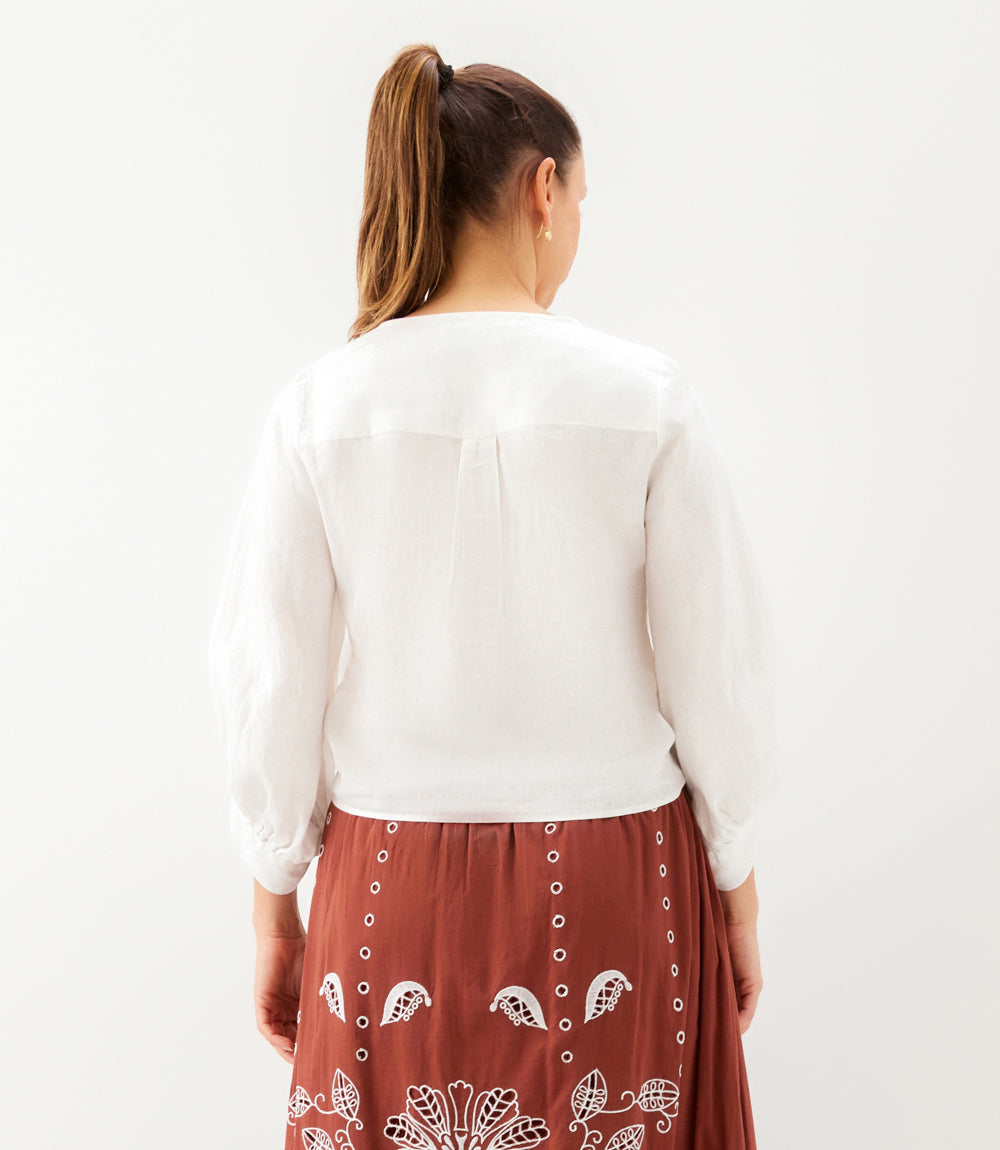 Blouson Sleeve Linen Tie-Front Top