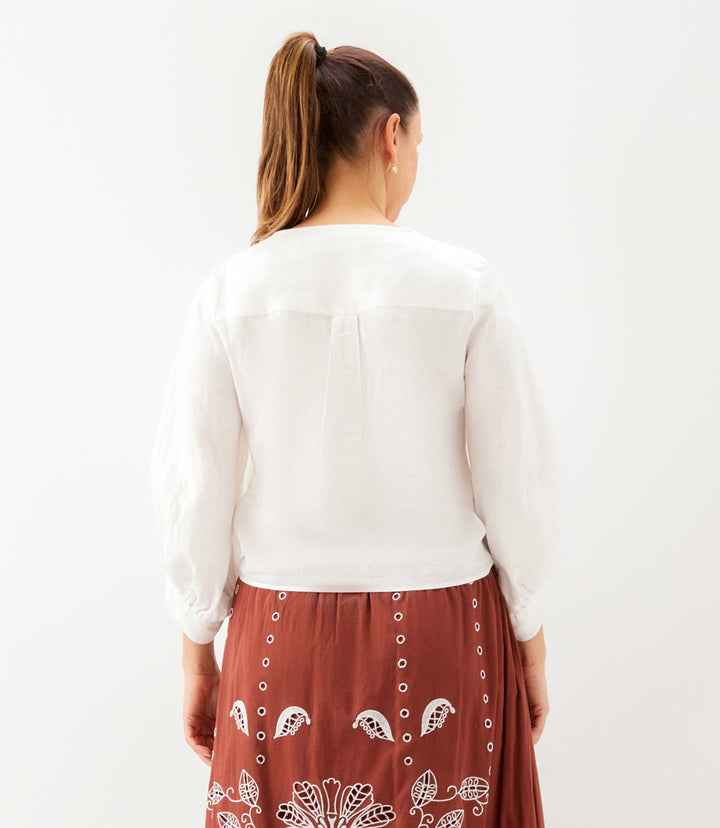 Blouson Sleeve Linen Tie-Front Top