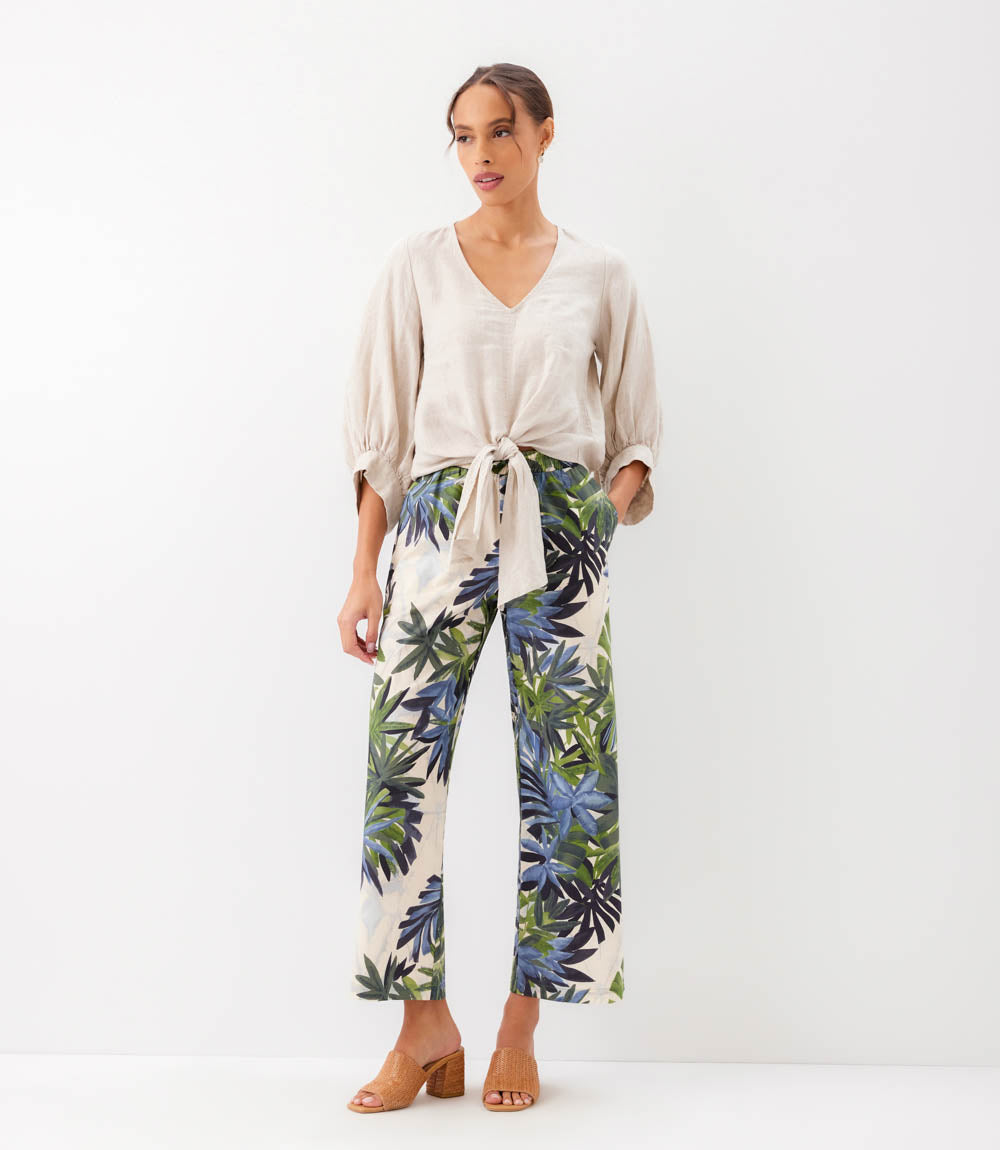 Blouson Sleeve Linen Tie-Front Top