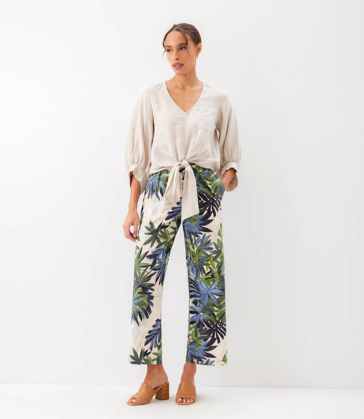 Blouson Sleeve Linen Tie-Front Top