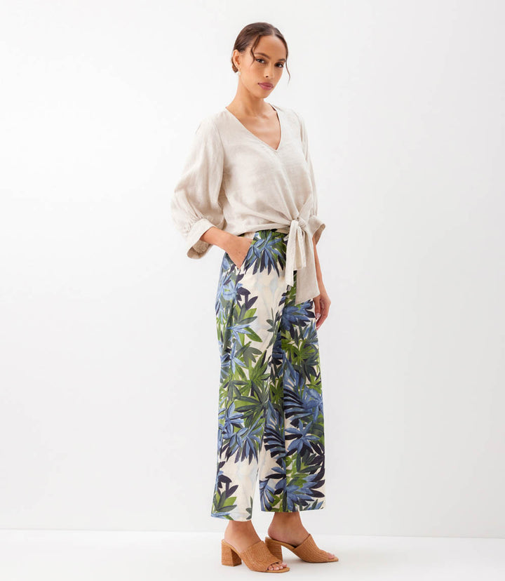 Blouson Sleeve Linen Tie-Front Top