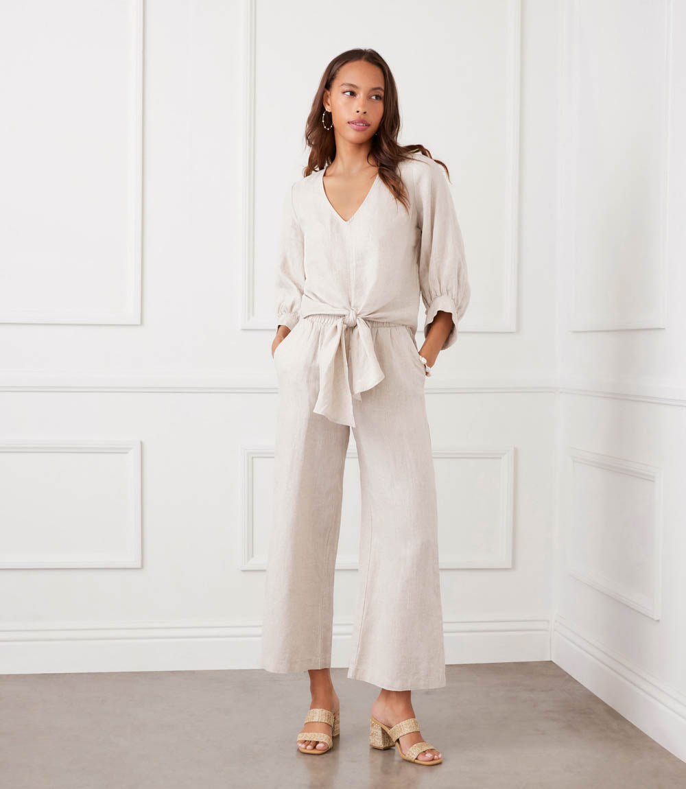 Blouson Sleeve Linen Tie-Front Top