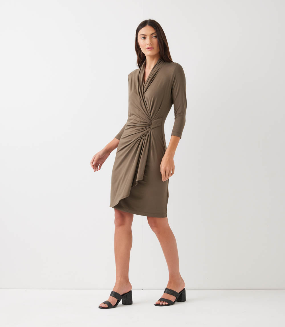 3/4 Sleeve Cascade Wrap Dress