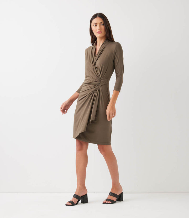 3/4 Sleeve Cascade Wrap Dress
