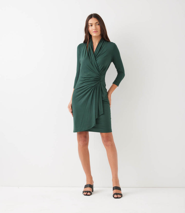 Petite Size 3/4 Sleeve Cascade Wrap Dress