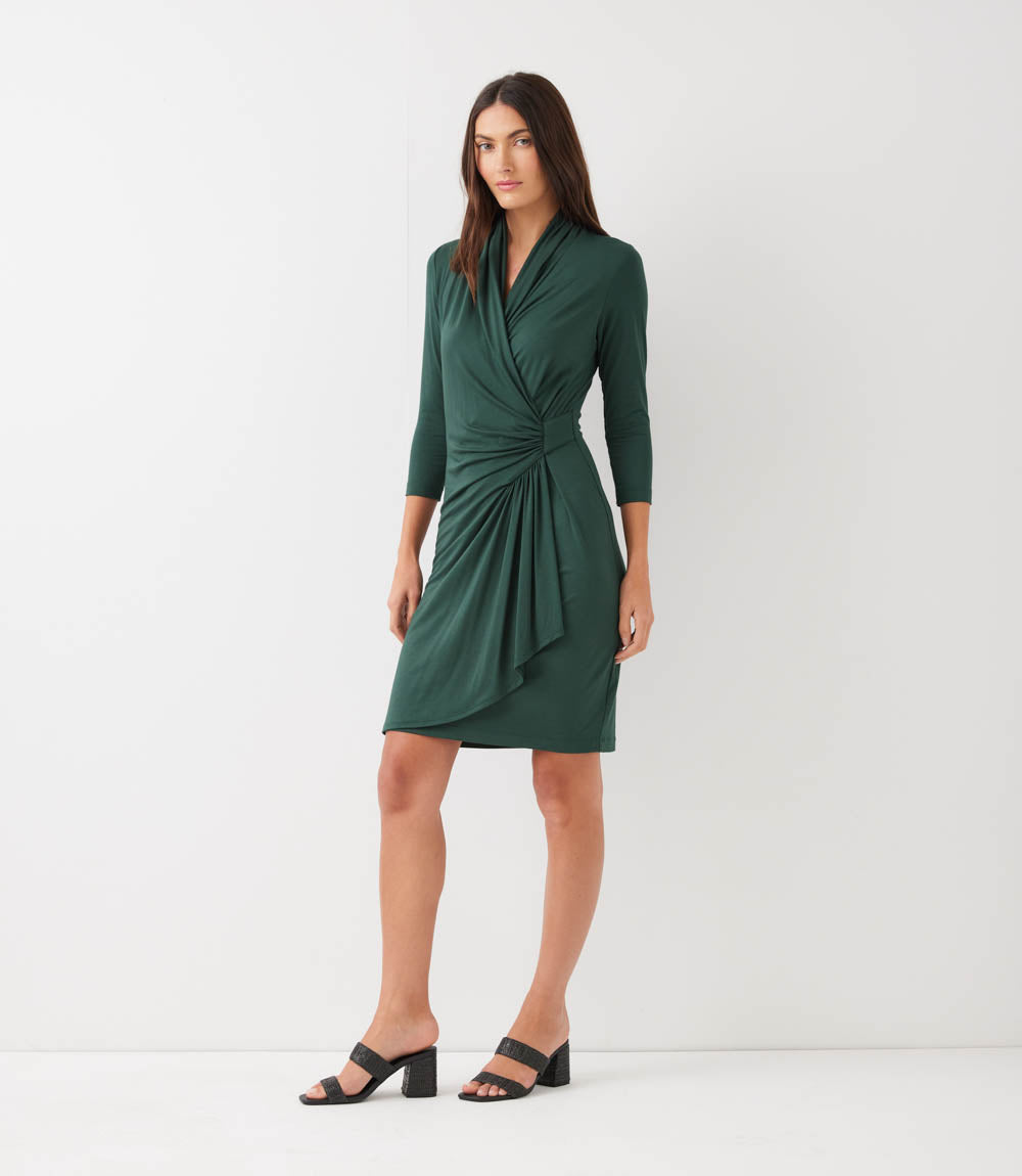 Petite Size 3/4 Sleeve Cascade Wrap Dress