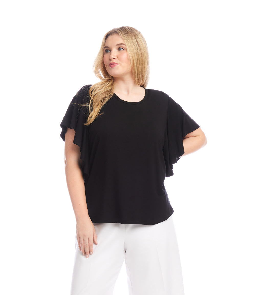 Plus size black flutter sleeve crew neck top with relaxed fit and soft fabric