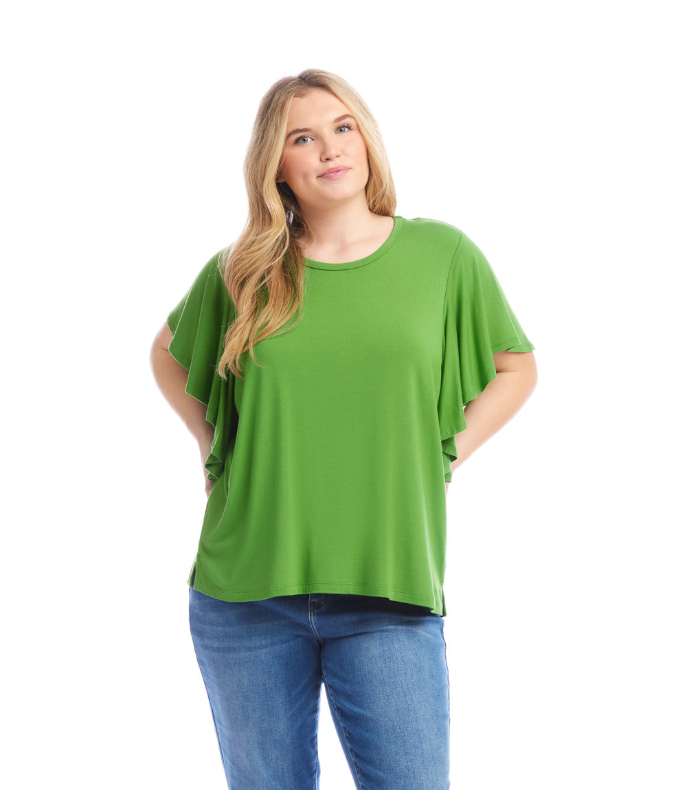 Plus size flutter sleeve green crew neck top with relaxed fit and soft fabric