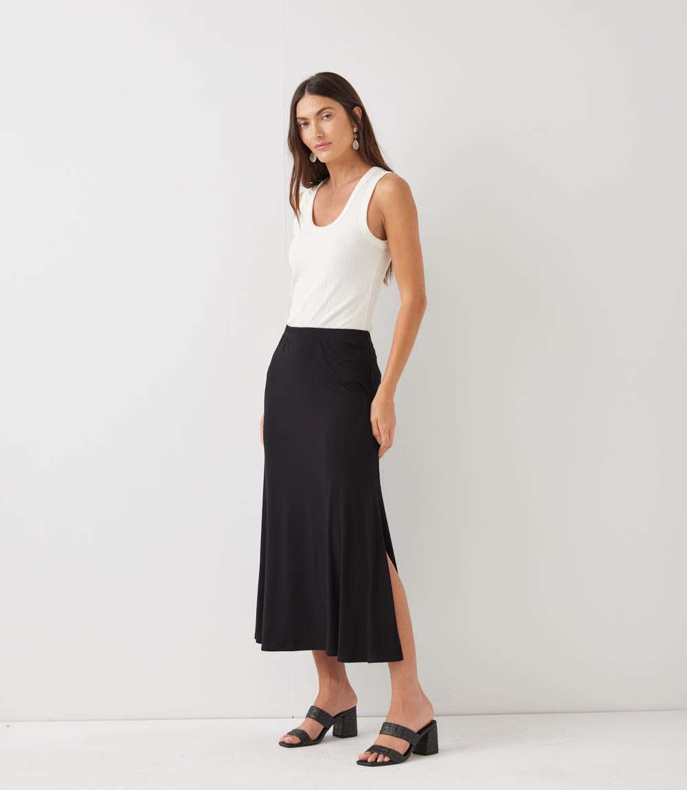 Side-Slit Midi Skirt - Comfortable Rayon Spandex Jersey, Easy Pull
