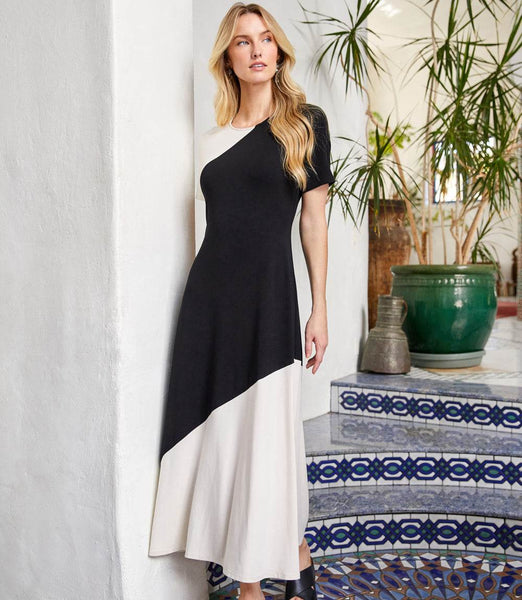 Ecru With Black Short Sleeve Contrast Midi Dress | Karen Kane