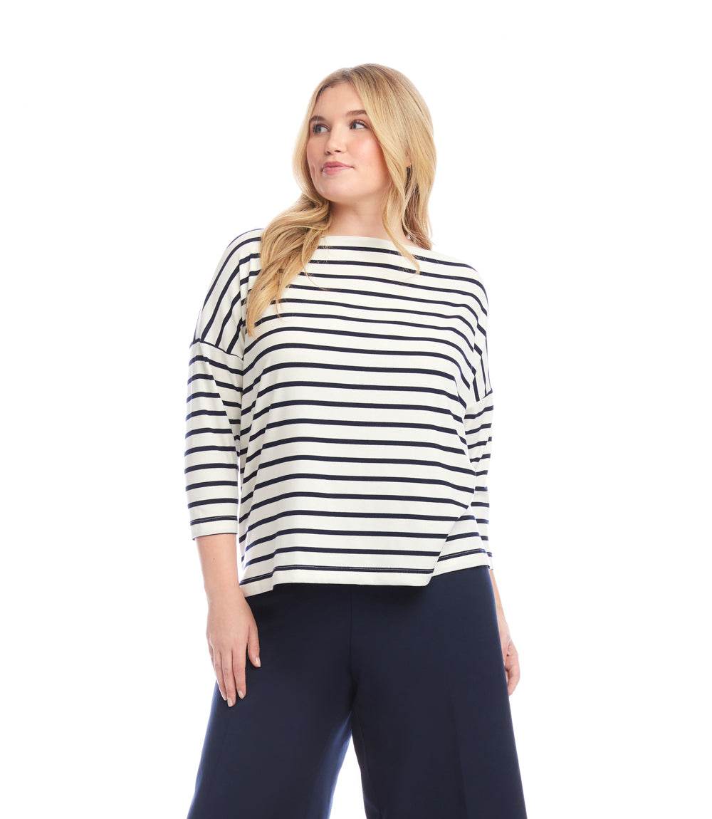 Plus size stripe 3/4 sleeve boatneck top with navy blue stripes on cream background, relaxed fit, and drop shoulder sleeves