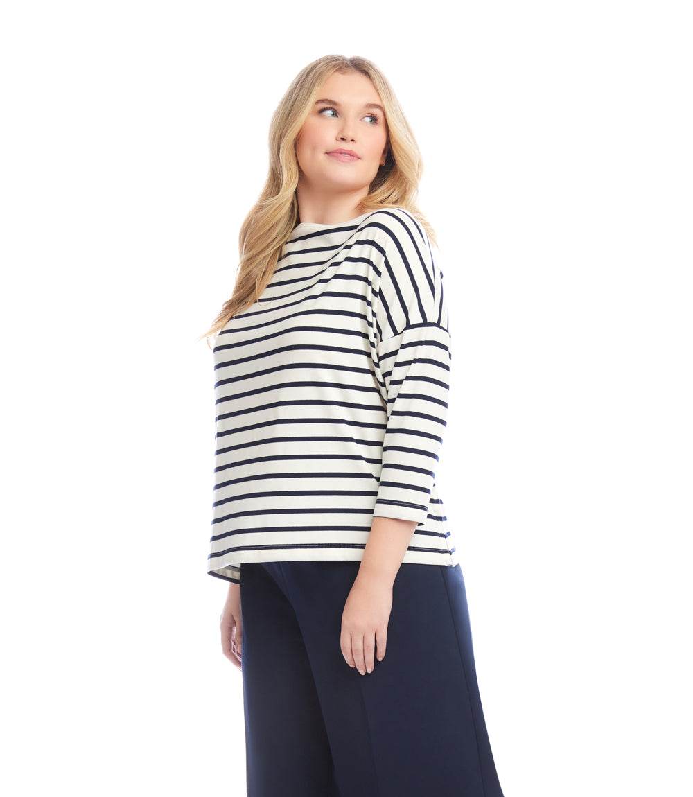 Plus Size Stripe 3/4 Sleeve Boatneck Top