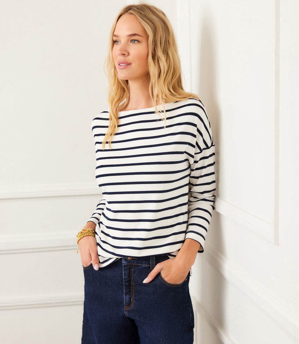 Stripe 3/4 Sleeve Boatneck Top