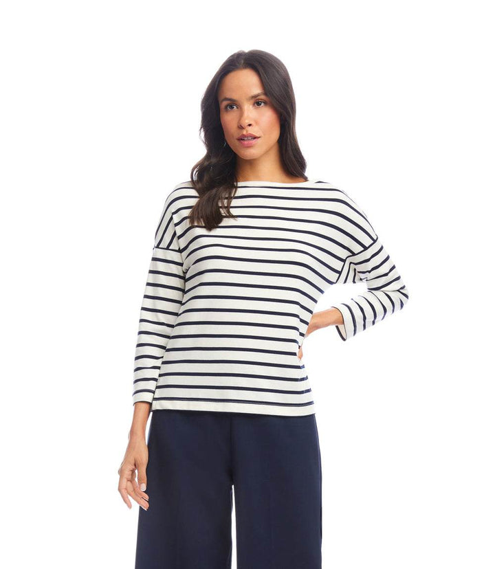 Stripe 3/4 Sleeve Boatneck Top