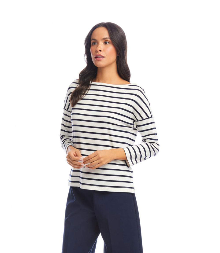 Stripe 3/4 Sleeve Boatneck Top