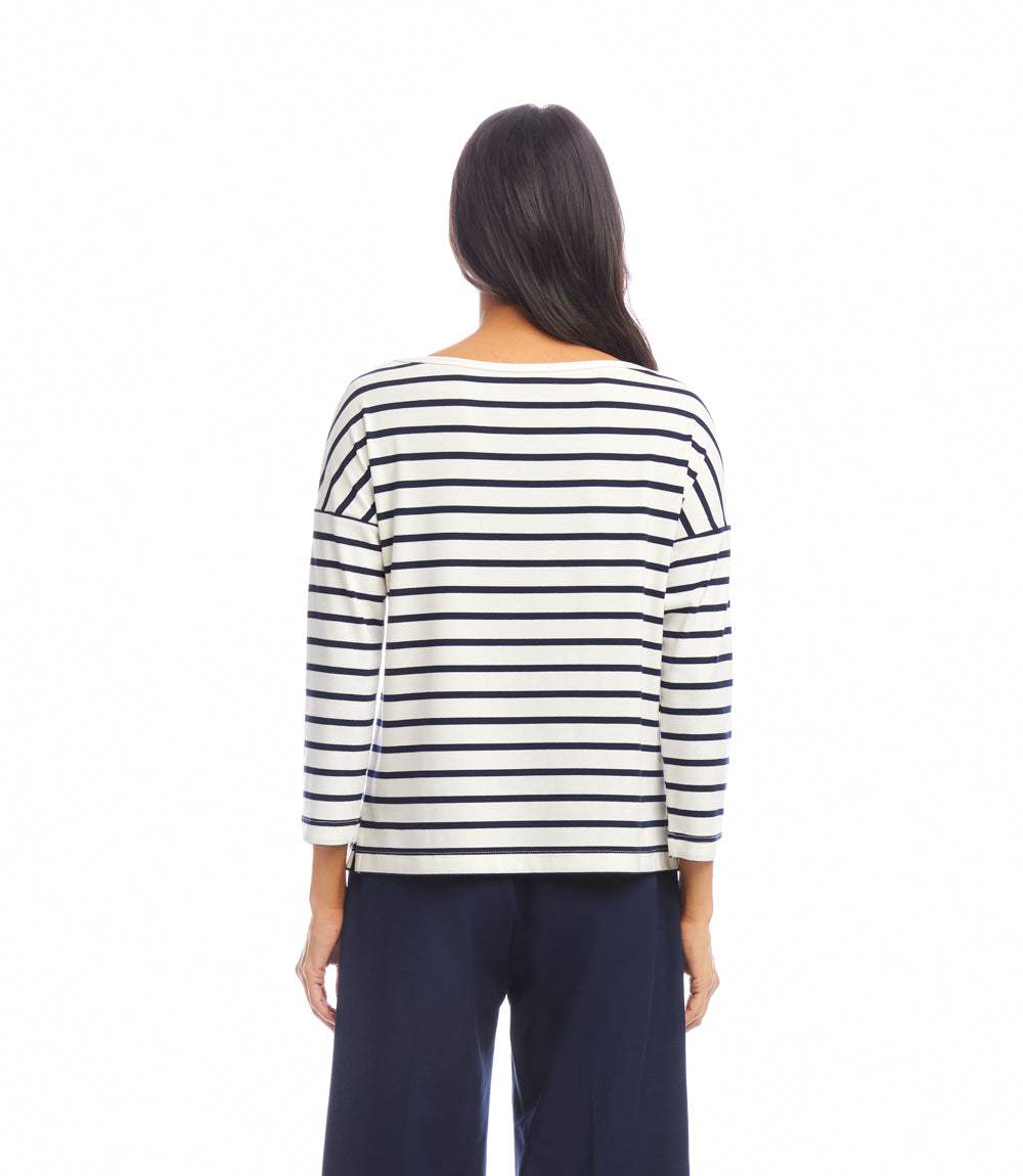 Stripe 3/4 Sleeve Boatneck Top