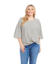 Plus size stripe flare sleeve top with scoop neck and front twist hem worn with jeans