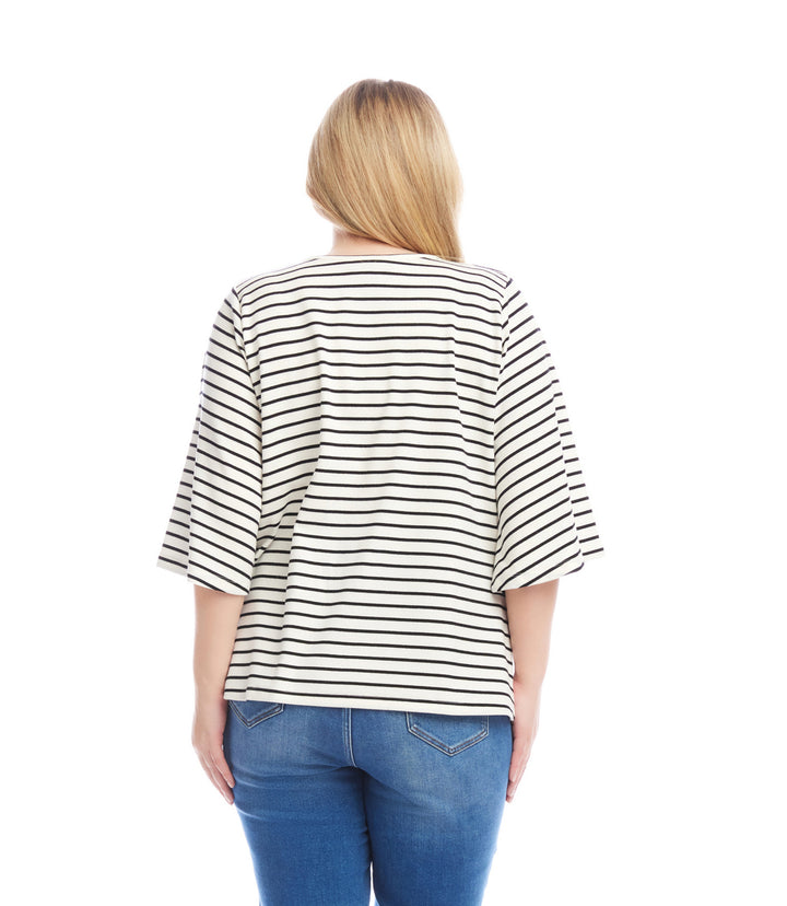 Plus Size Stripe Flare Sleeve Pick Up Top