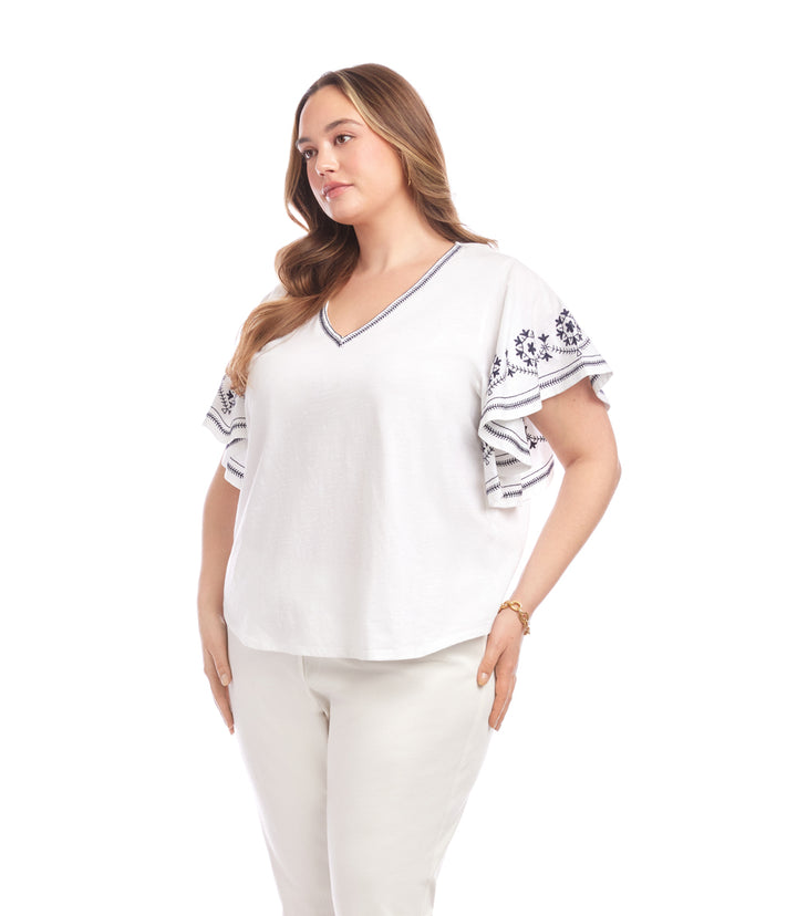 Plus Size Embroidered Flutter Sleeve Top