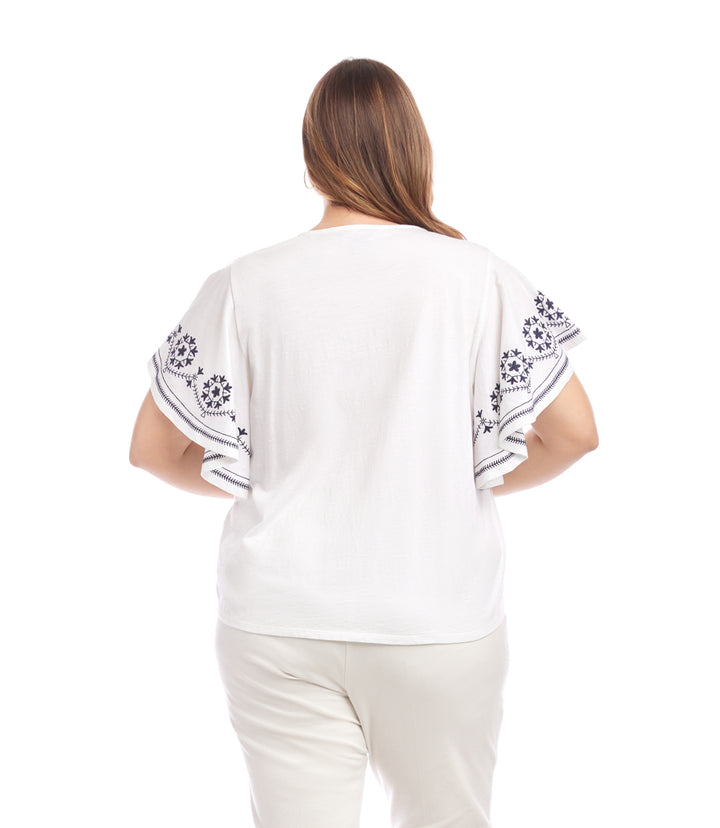 Plus Size Embroidered Flutter Sleeve Top