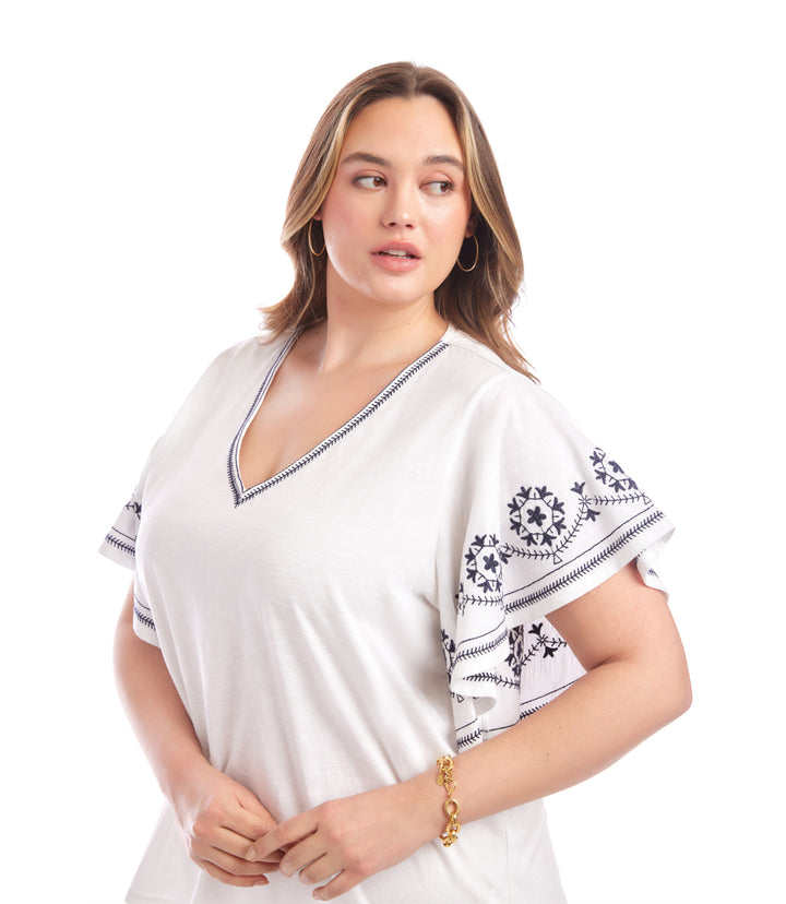Plus Size Embroidered Flutter Sleeve Top