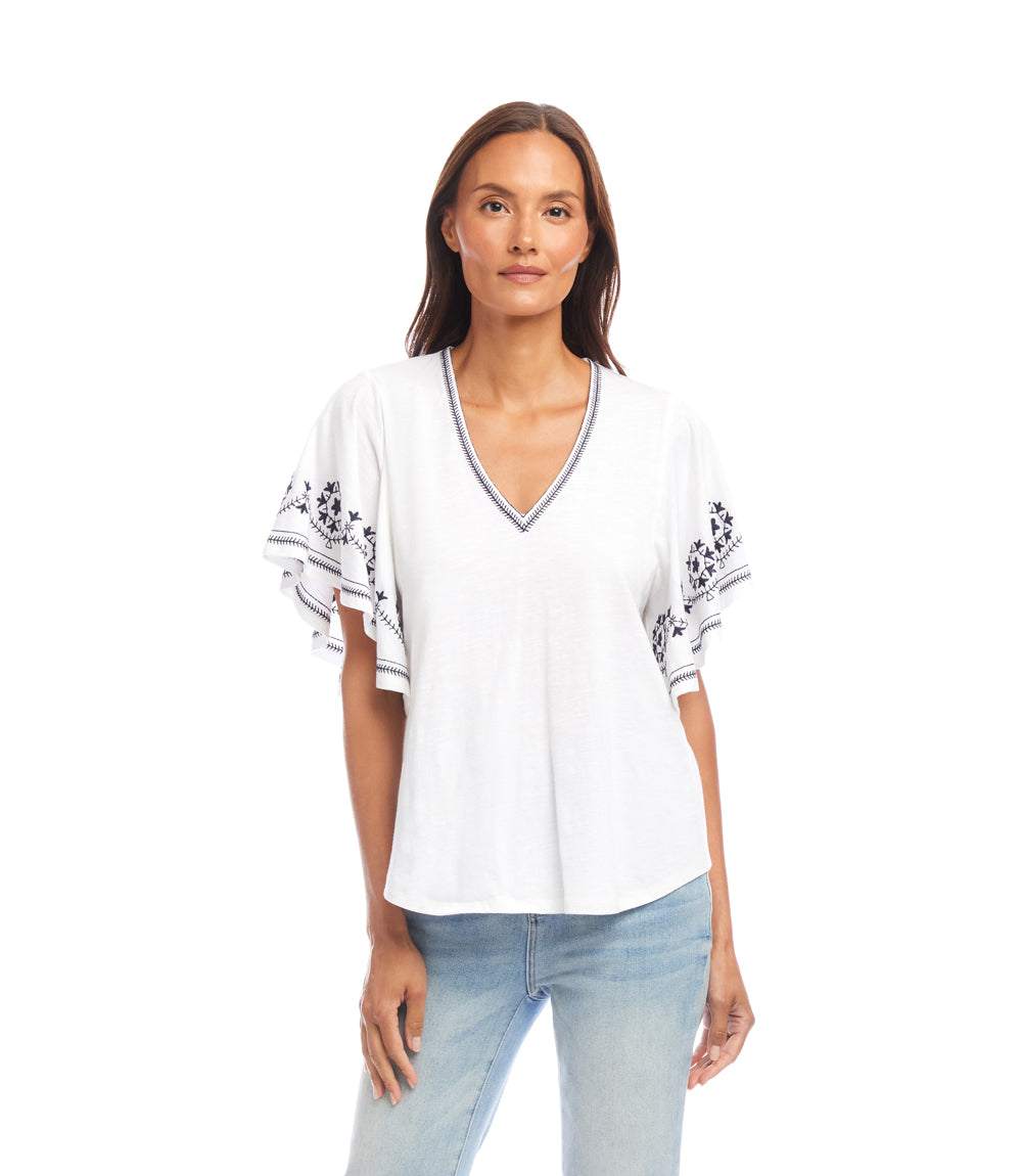 Embroidered Flutter Sleeve Top