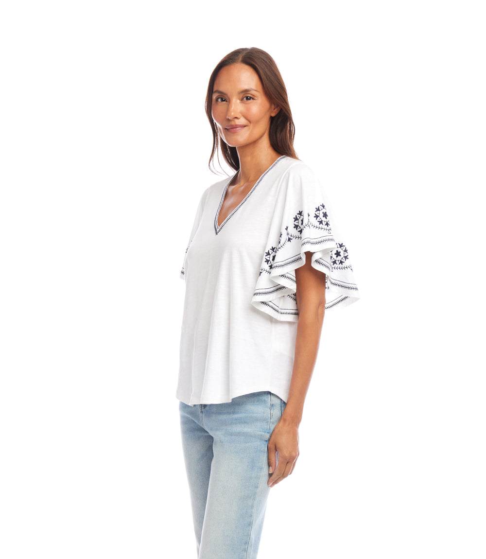 Embroidered Flutter Sleeve Top