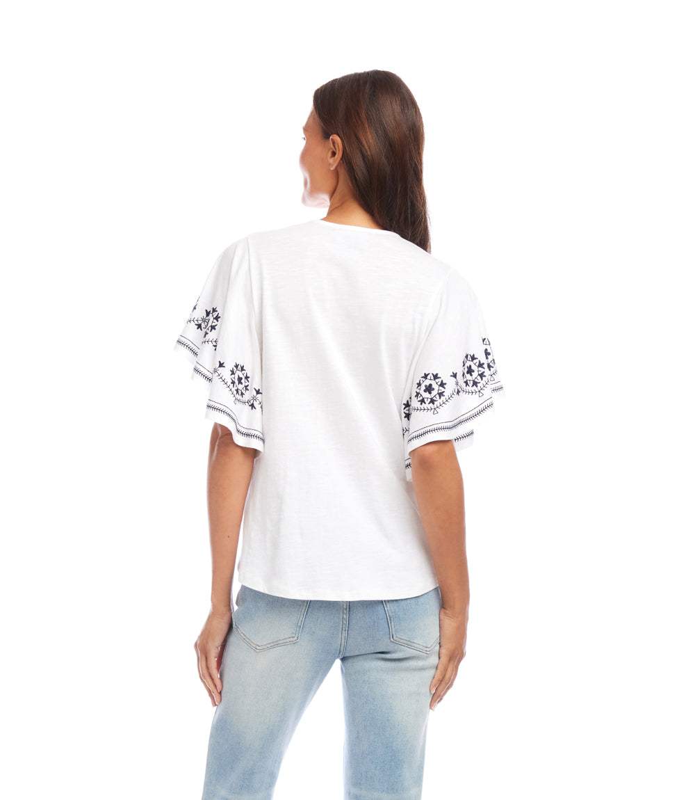 Embroidered Flutter Sleeve Top