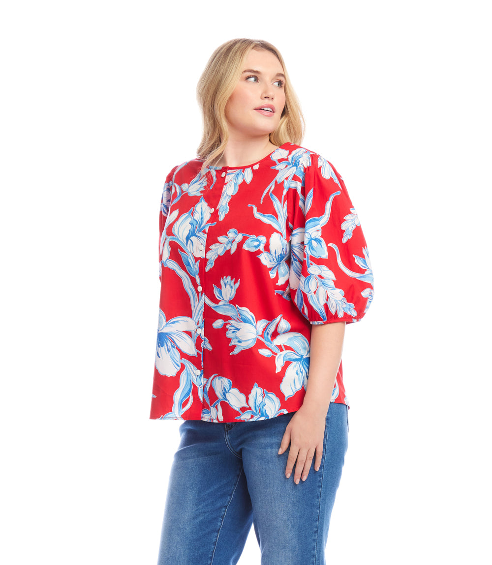 Plus Size Puff Sleeve Button-Front Shirt