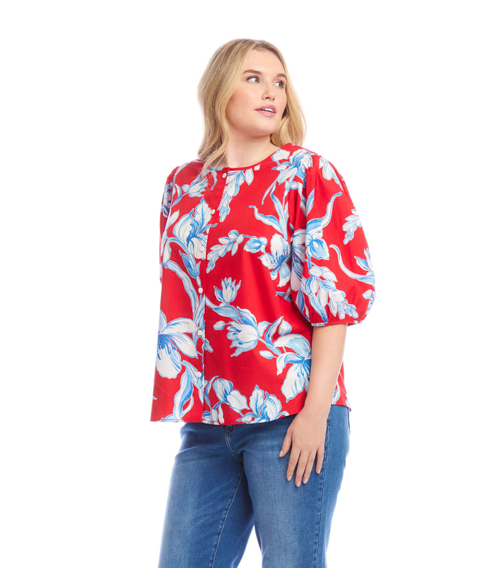 Plus Size Puff Sleeve Button-Front Shirt