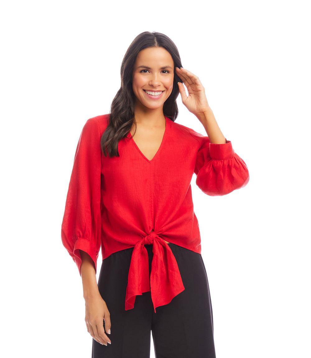 Blouson Sleeve Linen Tie-Front Top