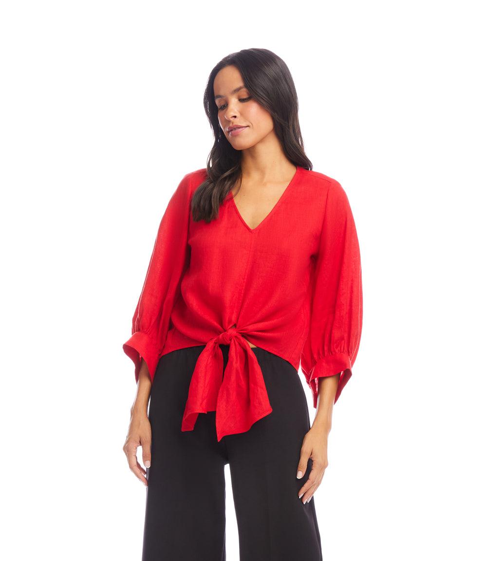 Blouson Sleeve Linen Tie-Front Top