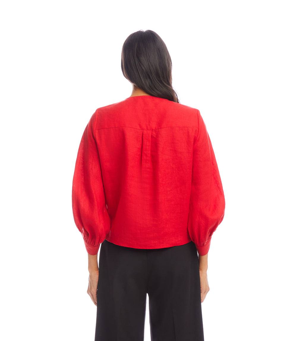 Blouson Sleeve Linen Tie-Front Top
