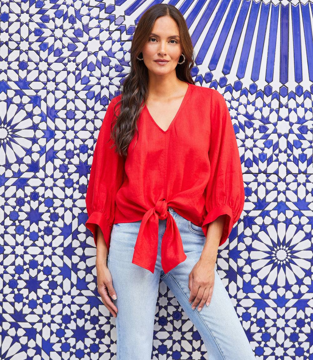 Blouson Sleeve Linen Tie-Front Top
