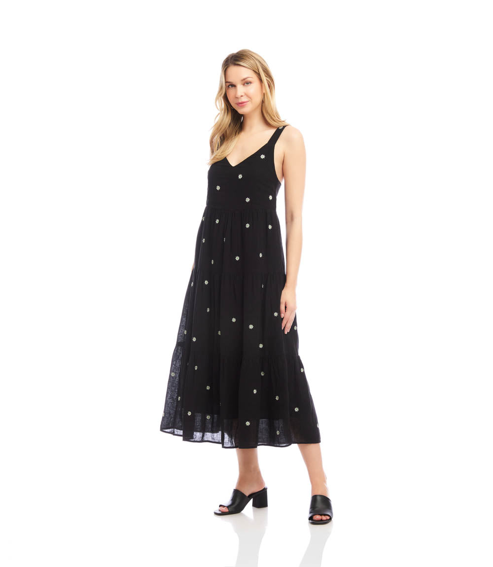 Sleeveless Embroidered Tiered Midi Dress