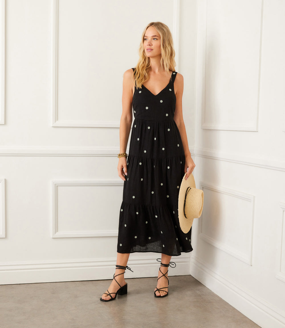 Sleeveless Embroidered Tiered Midi Dress