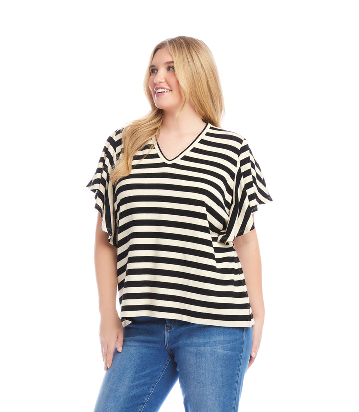 Plus Size Stripe Flutter Sleeve V-Neck Top